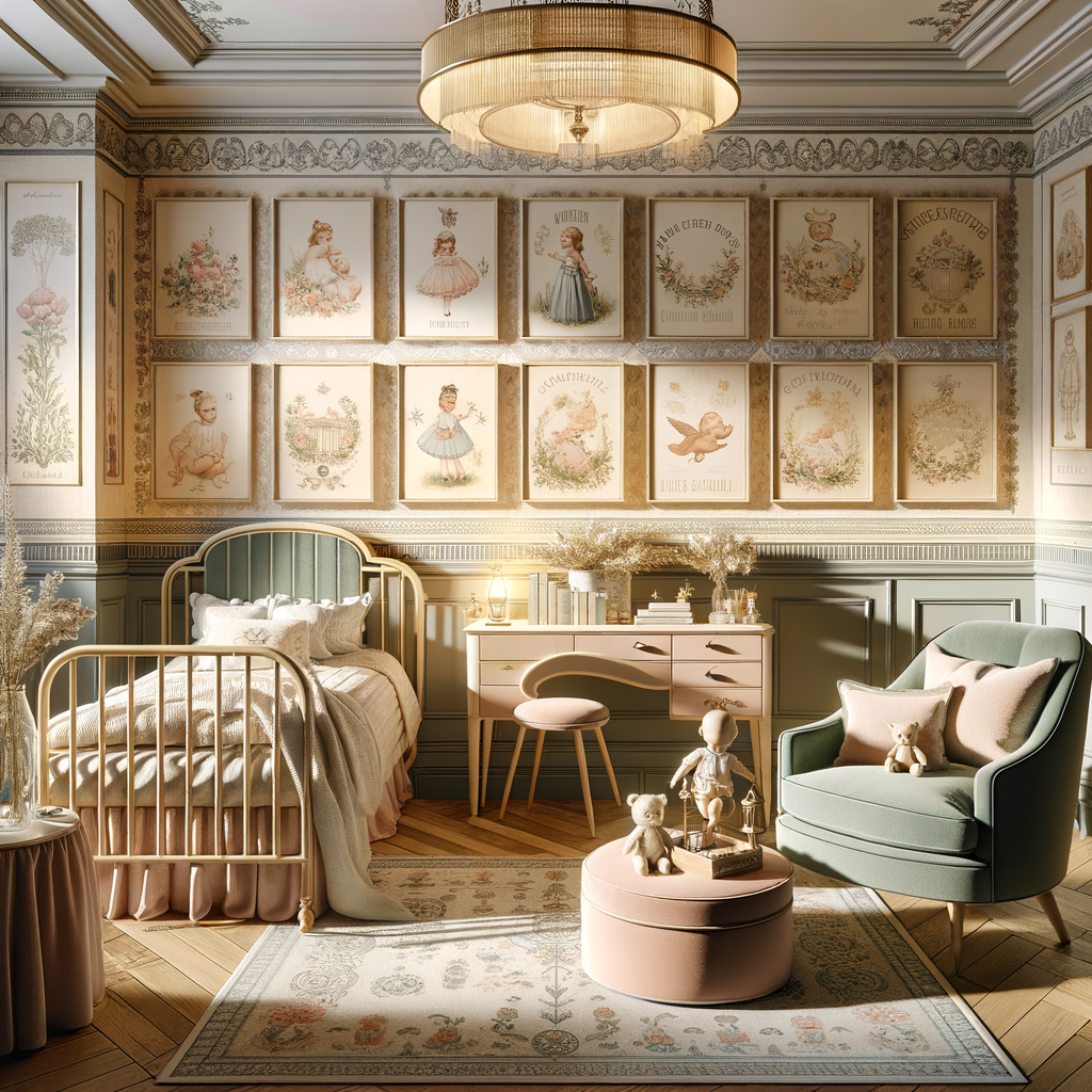 Vintage nursery art prints in soft pastel tones adorning the wall of a stylish baby's room, reflecting the 2024 baby nursery trends and adding a nostalgic charm to the decor.