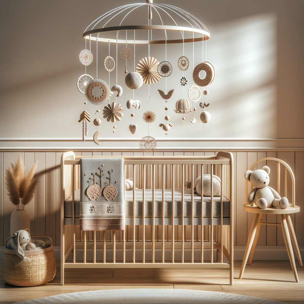 Handcrafted crib mobiles adding a personal touch to a serene nursery setting, showcasing unique, artisan-crafted elements in a DIY crib mobile hanging above a stylish customized crib, exemplifying handmade nursery decor.