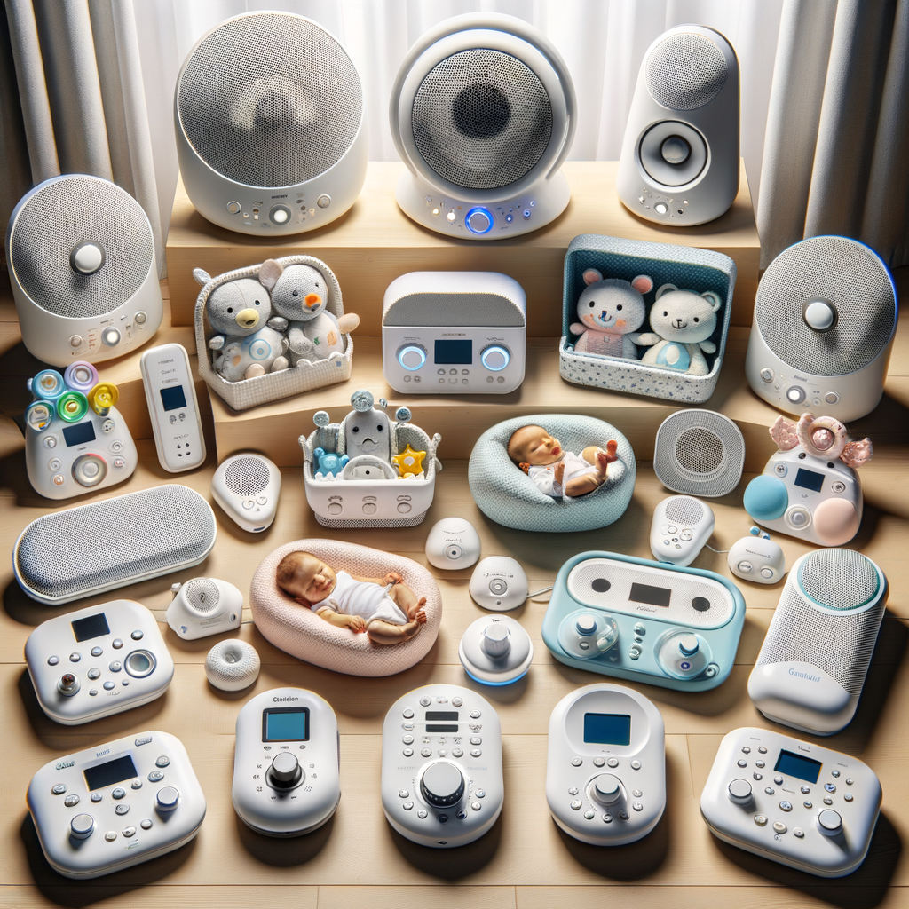 Top-rated baby sound machines including white noise machines and other baby sleep aids, designed to emit soothing sounds for infants and improve their sleep quality.