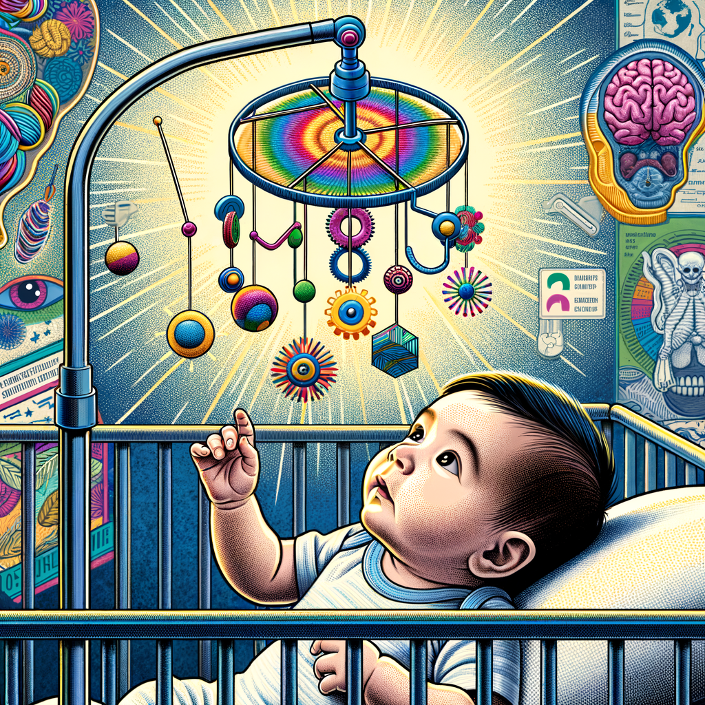 Infant observing colorful crib mobile, symbolizing the role of crib mobiles in infant brain development and the importance of such baby brain stimulation toys in promoting baby brain growth.