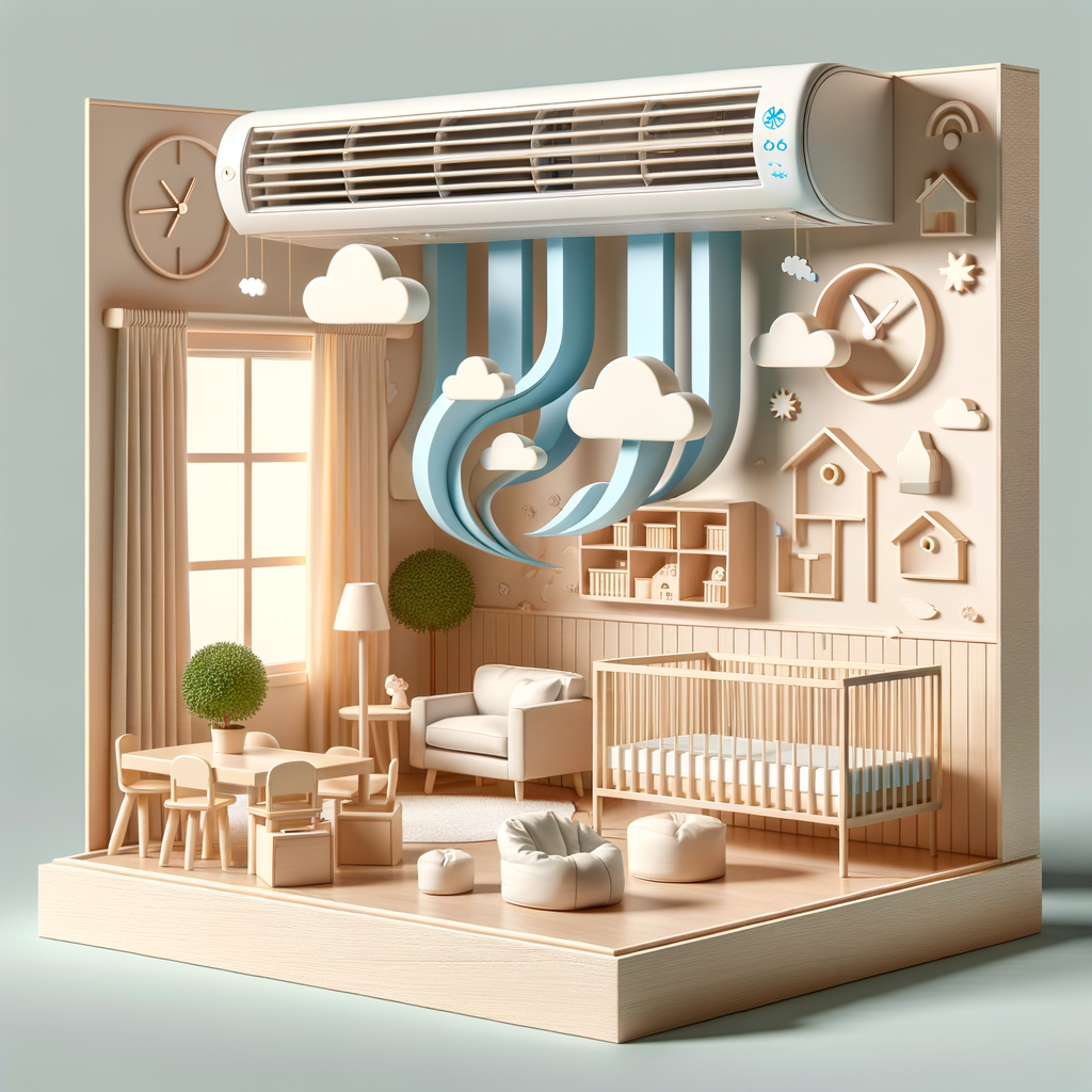 Modern nursery ventilation system in a bright, airy baby room emphasizing the importance of proper nursery ventilation for high air quality standards in childcare.