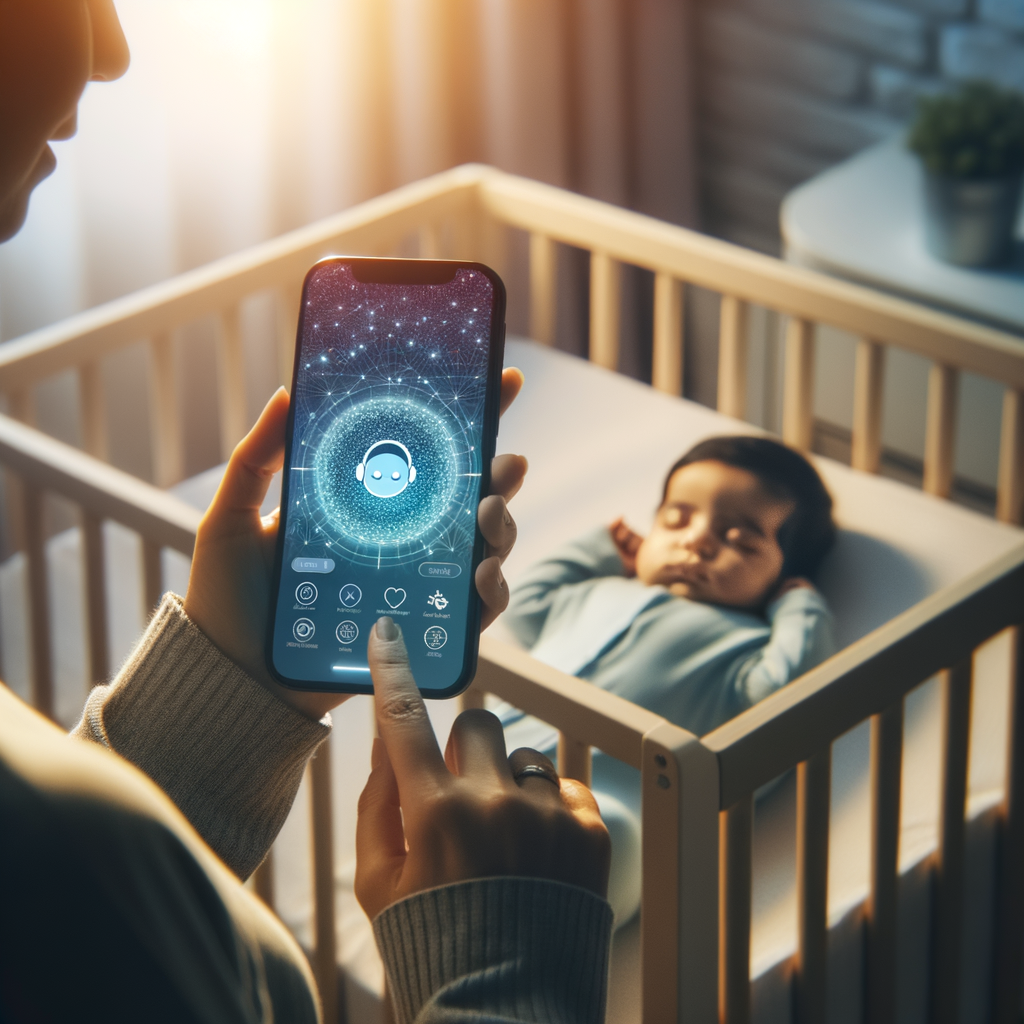Tech-savvy mother using innovative baby sleep app on smartphone, showcasing effectiveness of technology advancements in baby sleep solutions and digital sleep aids for babies
