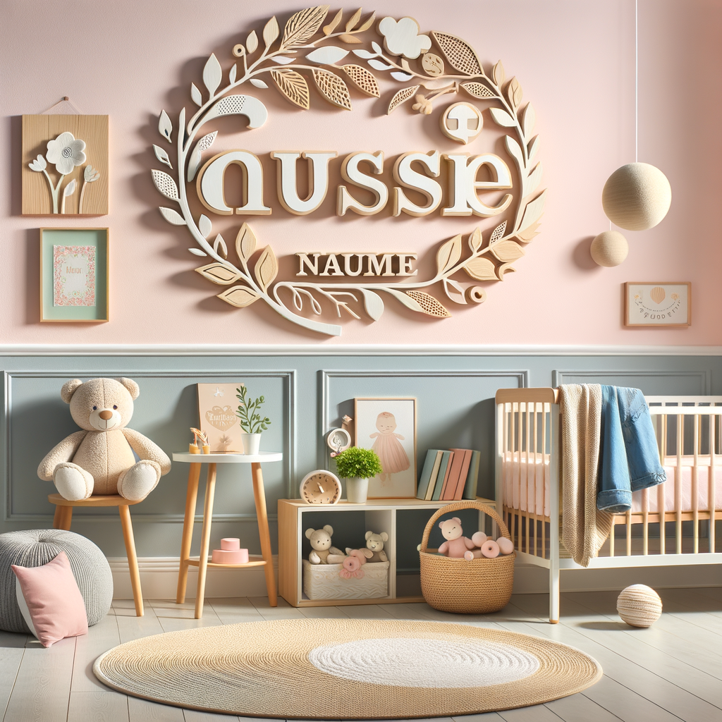Custom baby name sign and personalized nursery decor on pastel wall, showcasing trending baby room trends and personalized baby gifts.