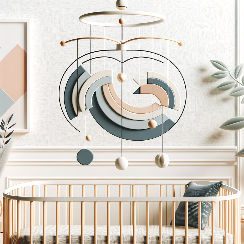 Unique contemporary baby crib mobile in soft pastel colors, a perfect example of modern nursery designs and baby room accessories