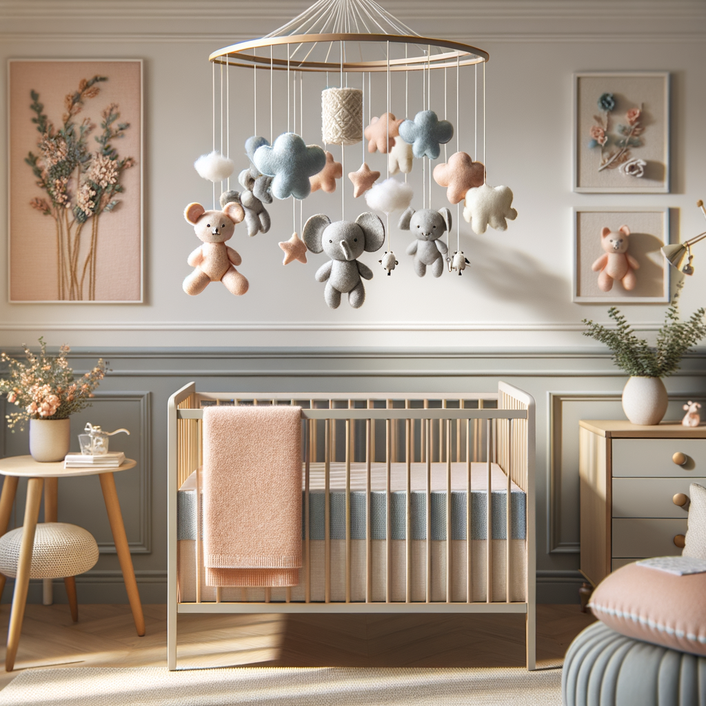 Handmade felt crib mobile with pastel-colored animals, a trendy nursery decor in a modern nursery showcasing contemporary nursery trends and stylish baby room accessories.