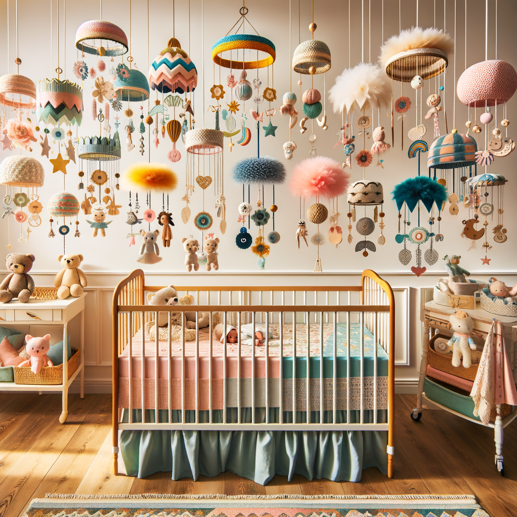 DIY baby crib mobiles in various themes and colors, showcasing creative baby mobile ideas and homemade baby mobiles, along with DIY nursery decor and baby crib decoration ideas for parenting DIY projects.