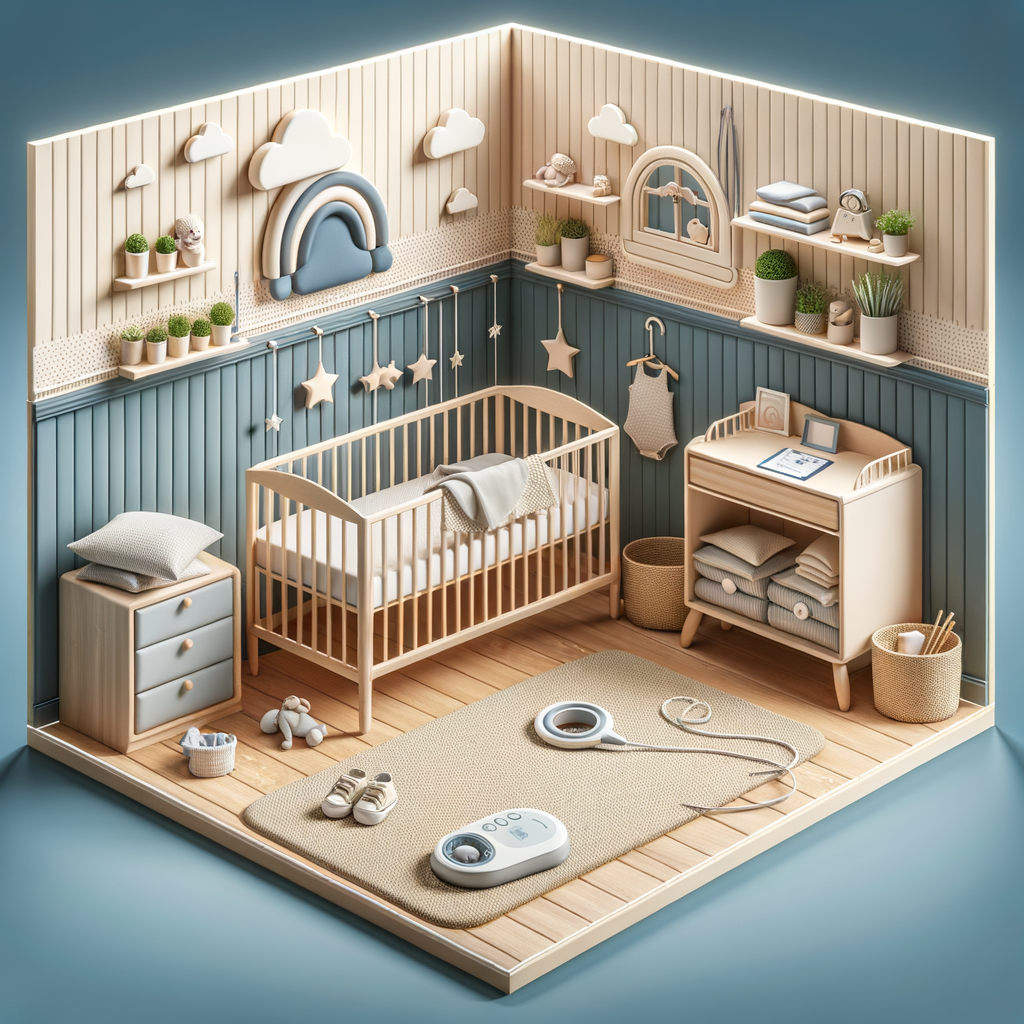 Newborn sleep safety setup in a serene baby nursery with a firm crib mattress, baby monitor, and a newborn sleep environment guide, demonstrating safe baby sleep environment practices and baby room safety tips.