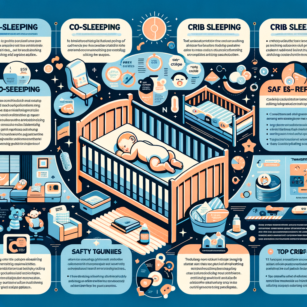 Infographic illustrating co-sleeping benefits and risks, crib sleeping advantages, safety guidelines, transition methods, best crib options, and sleep studies for making the right choice for baby sleep.