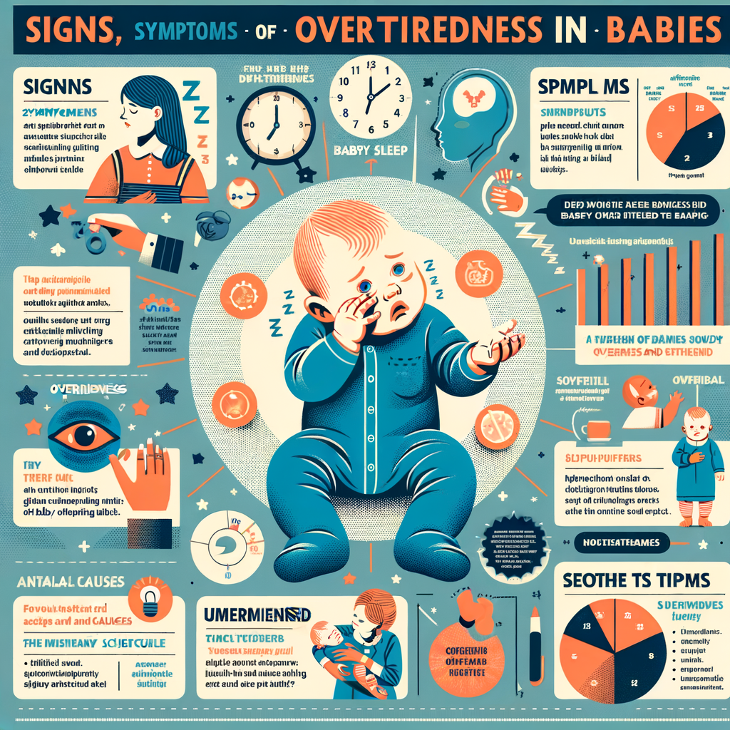 Infographic illustrating signs of overtiredness in babies, baby sleep patterns, symptoms of baby fatigue, common baby sleep problems, causes of infant overtiredness, baby sleep schedule, and tips on how to soothe an overtired baby.