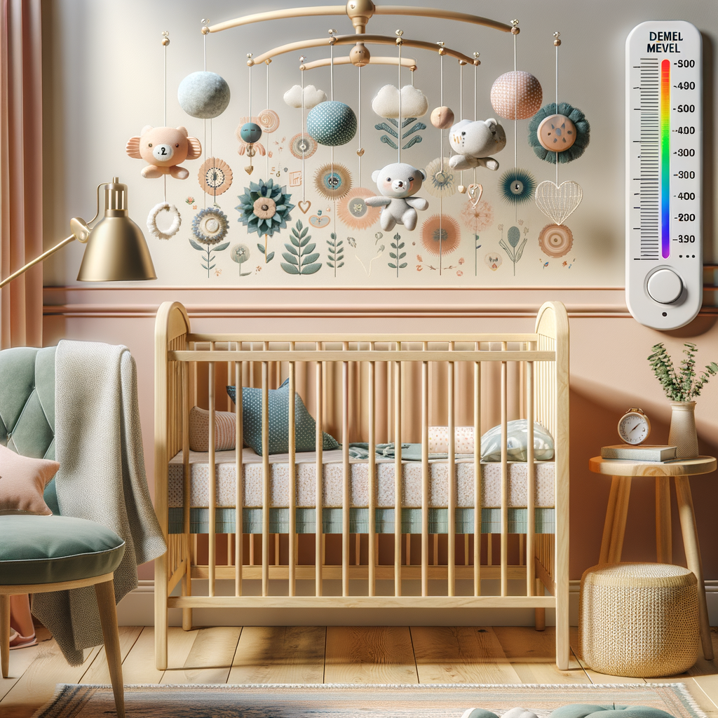 Variety of best crib mobiles for babies in a safe, well-organized baby's room with a decibel meter showing safe noise levels for babies, emphasizing on baby sleep safety, crib mobile safety, and noise control.
