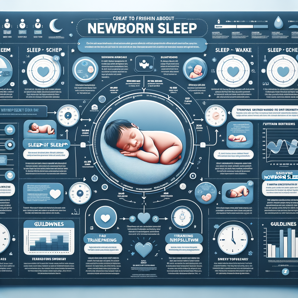 Infographic explaining newborn sleep patterns, basics of newborn sleep, newborn sleep schedule, and tips for understanding and navigating newborn sleep issues, cycles, stages, and training.