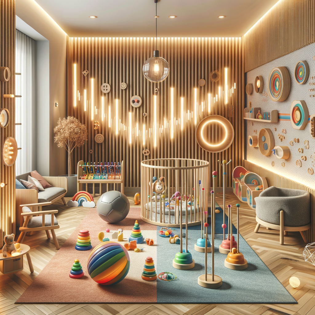 Vibrant sensory play area in a modern nursery showcasing new trends in nurseries, promoting child development through sensory play for children with textured toys, colorful light displays, and interactive sound elements.