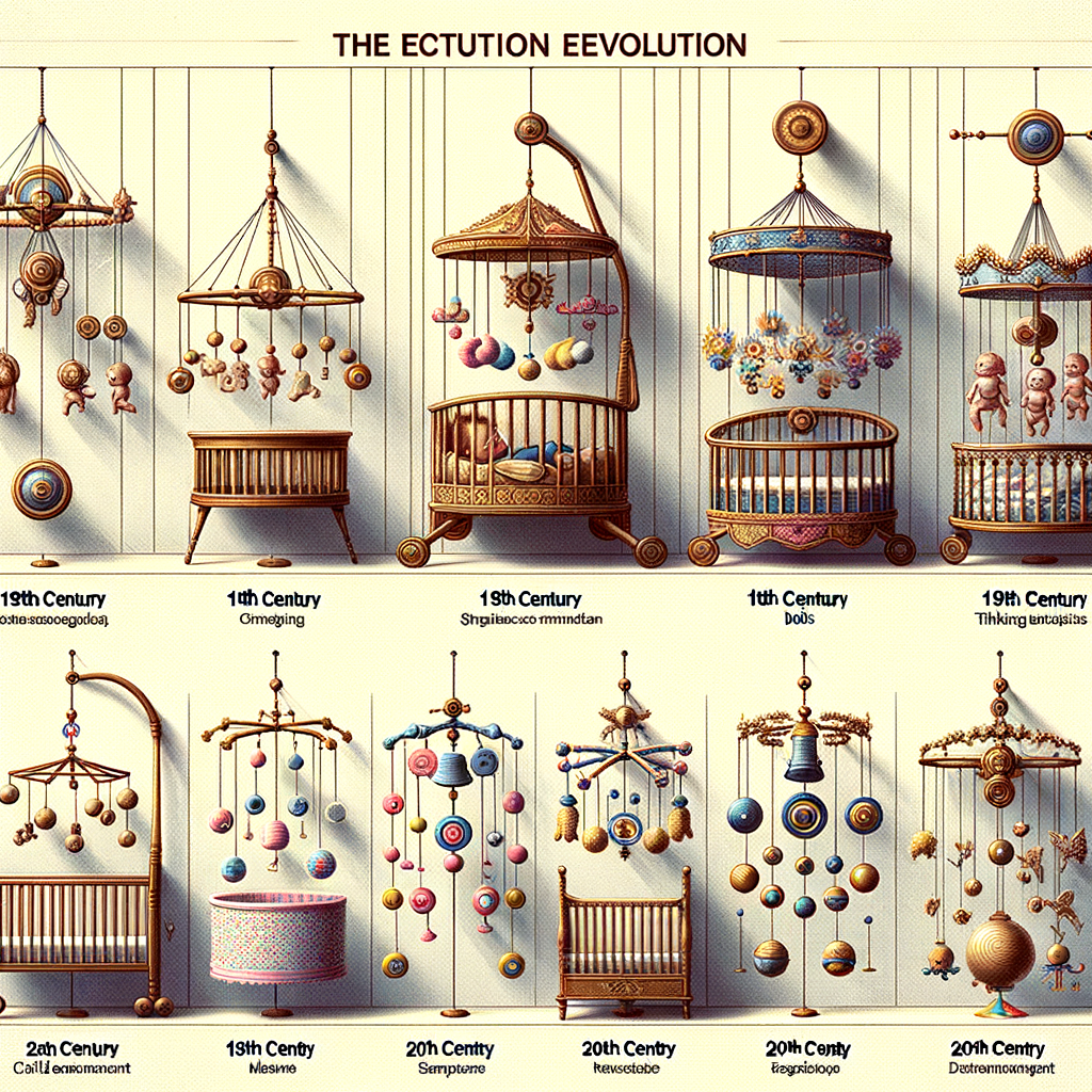 Infographic illustrating the history and evolution of baby crib mobiles, showcasing the progression from antique baby crib toys to modern designs, highlighting key developments in materials, styles, and technology over the years.
