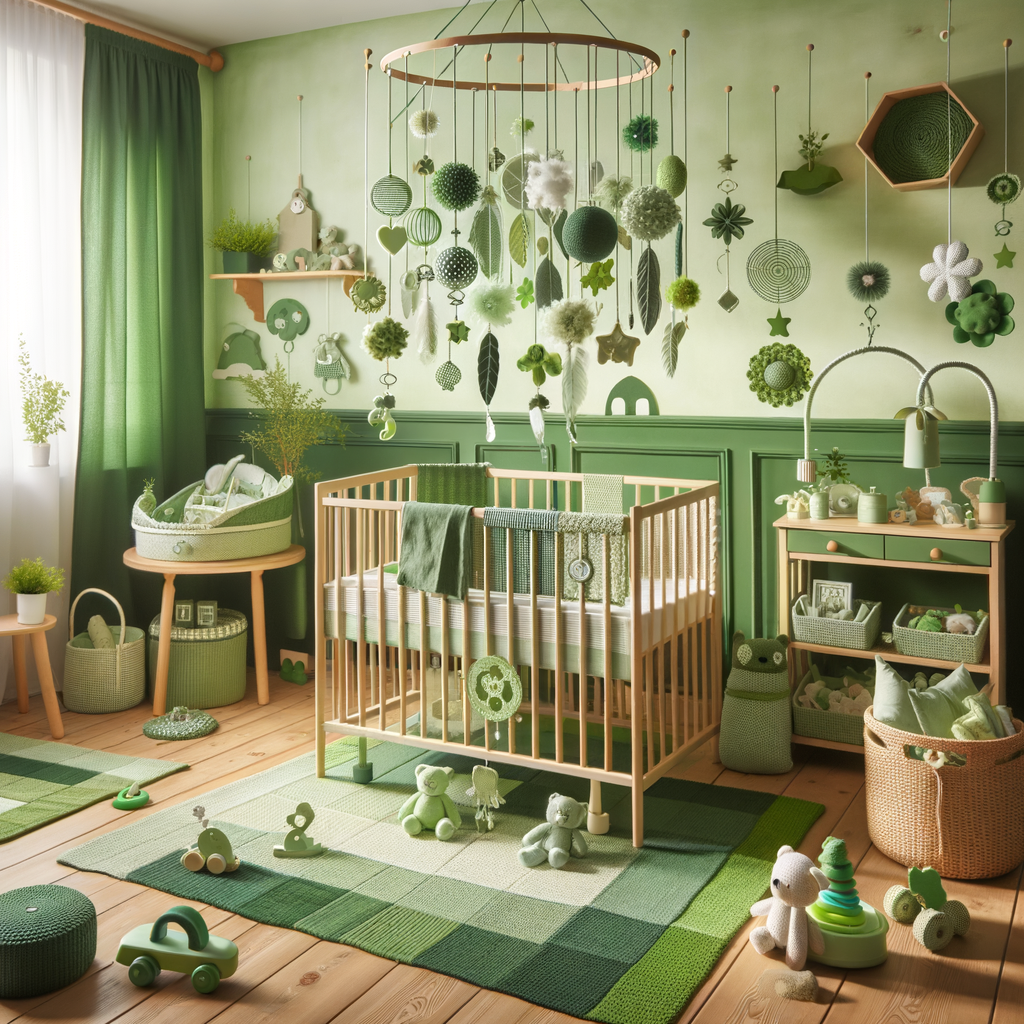 Eco-friendly and organic crib mobiles in a green baby nursery, showcasing sustainable baby products and environmentally friendly nursery decor for a parents guide to crib mobiles.