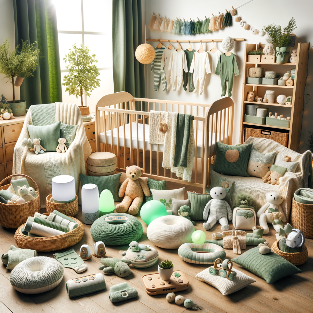 Eco-friendly baby sleep products including organic bedding and natural sleep aids in a sustainable nursery setting, showcasing 2024 trends in green baby essentials as per the Green Parenting Guide 2024.
