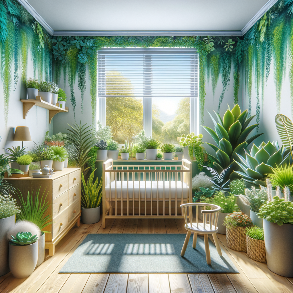 Assortment of baby-friendly houseplants in a nursery, showcasing the best plants for baby room with labels indicating their names and benefits, illustrating the health benefits of nursery plants for babies.