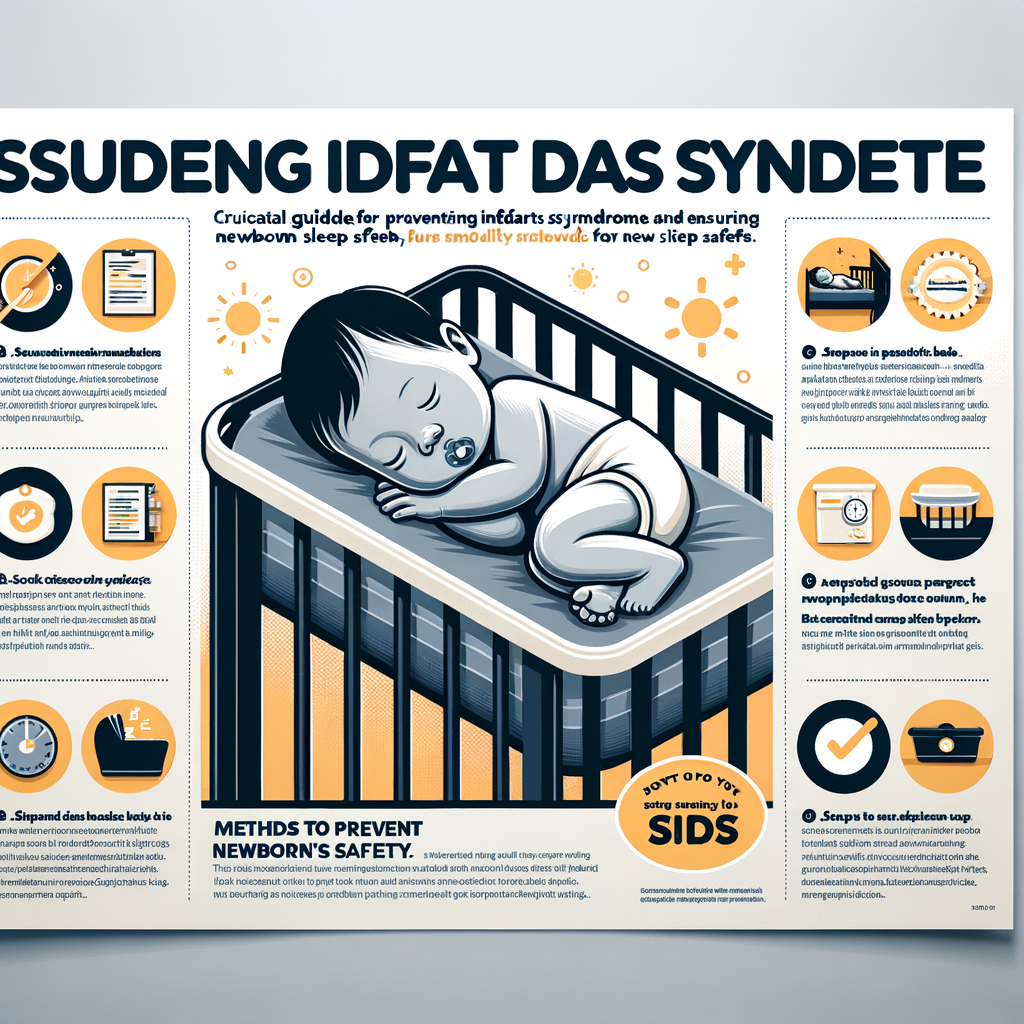 Infographic providing SIDS prevention tips and newborn sleep safety guidelines, featuring a peacefully sleeping baby in a safe environment and new mom advice on Sudden Infant Death Syndrome prevention.