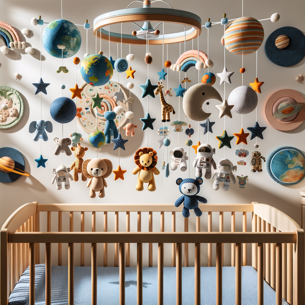 Unique baby crib mobiles featuring animal and space exploration themes, enhancing nursery decor and baby room themes as educational crib accessories.
