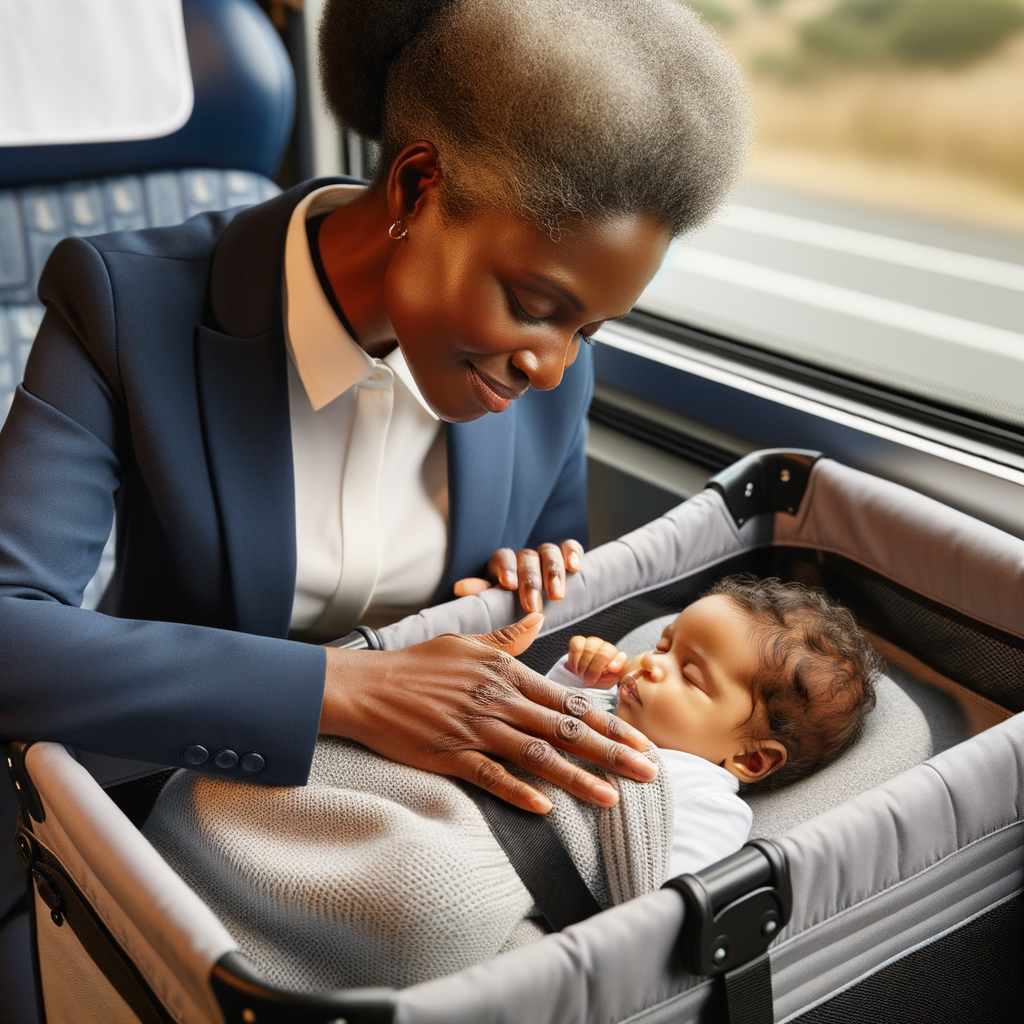 Professional mother applying newborn travel tips by soothing her sleeping baby in a portable cot, demonstrating effective sleep routines and travel sleep solutions for newborns during a travel break.