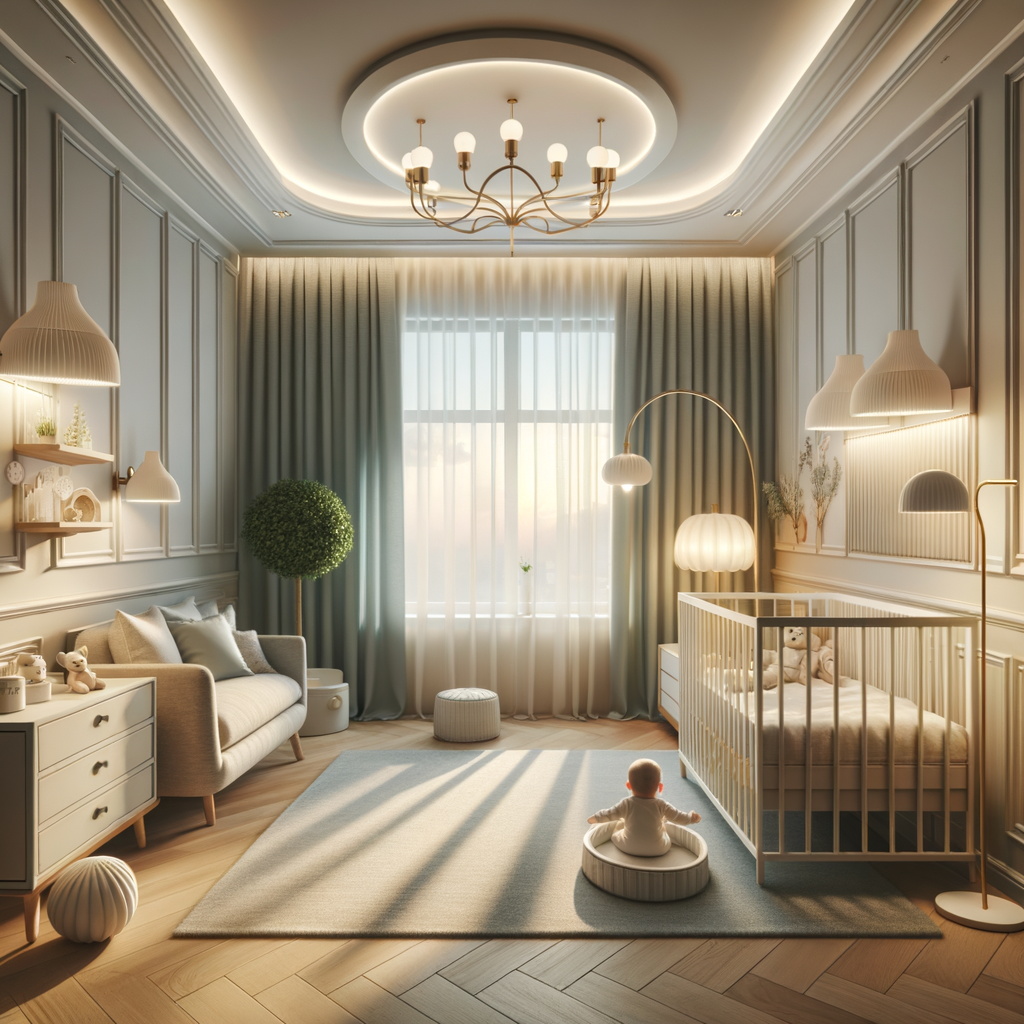 Modern nursery lighting ideas featuring baby sleep aid lights, stylish nursery lamps, and functional fixtures for better baby sleep, blending with the modern baby room decor.
