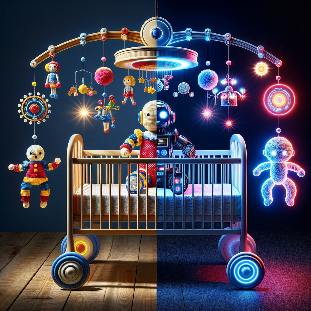 Comparison of traditional manual crib mobile with colorful hand-spun figures and high-tech electronic crib mobile with LED lights and digital features for a comprehensive review of the best baby crib mobiles.