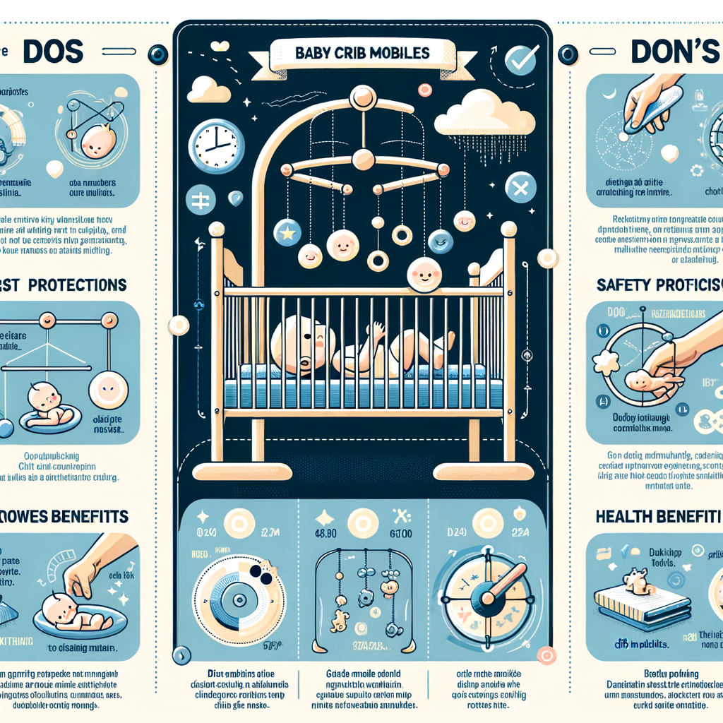 Infographic showing the dos and don'ts of using baby crib mobiles, highlighting safety precautions, benefits, and guidelines, along with showcasing the best crib mobiles for babies with usage tips.