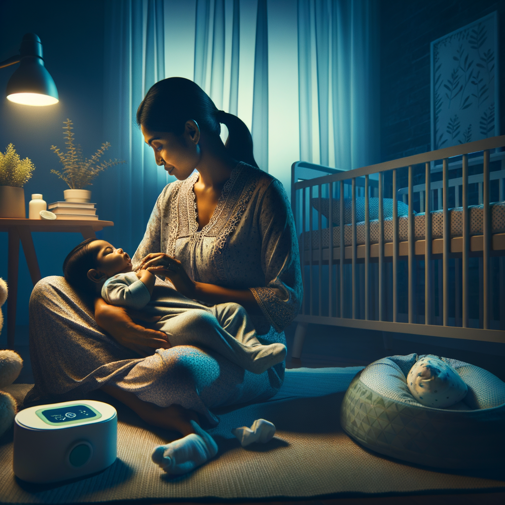 Mother soothing a fussy baby to sleep at night using effective baby sleep techniques, providing baby sleep advice and solutions for calming a crying baby and managing fussy baby at night.