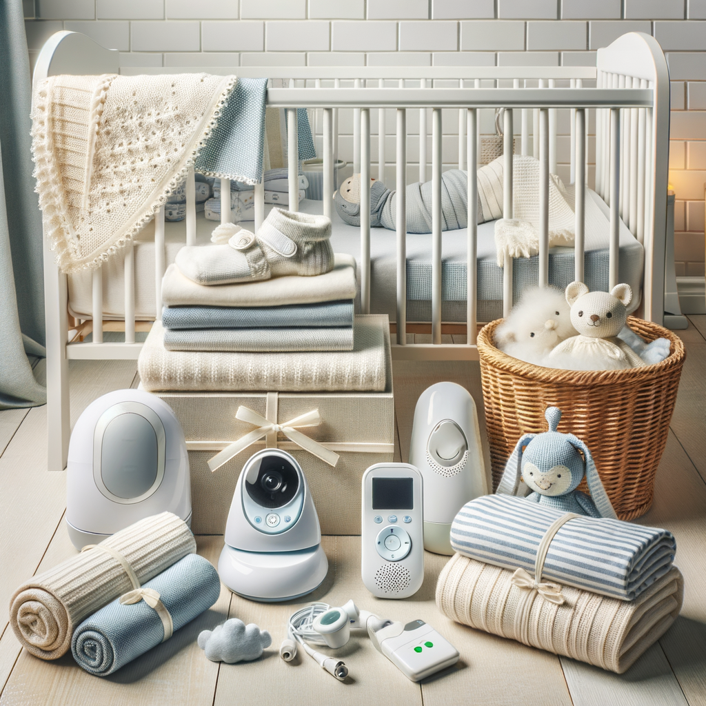 First-Time Moms Guide showcasing Essential Baby Sleep Items including a crib, baby monitor, swaddle blankets, and white noise machine as part of a Newborn Sleep Toolkit, offering Baby Sleep Solutions and First-Time Parenting Tips for new mothers.