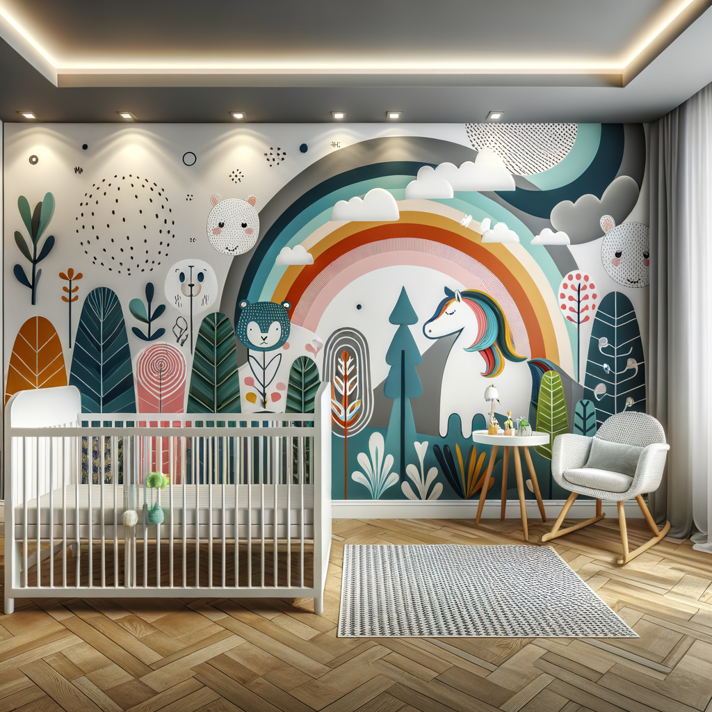 Modern nursery design featuring contemporary wall decals, nursery murals, and vibrant wall murals for baby room, showcasing a variety of nursery wall art and kids room wall decals.