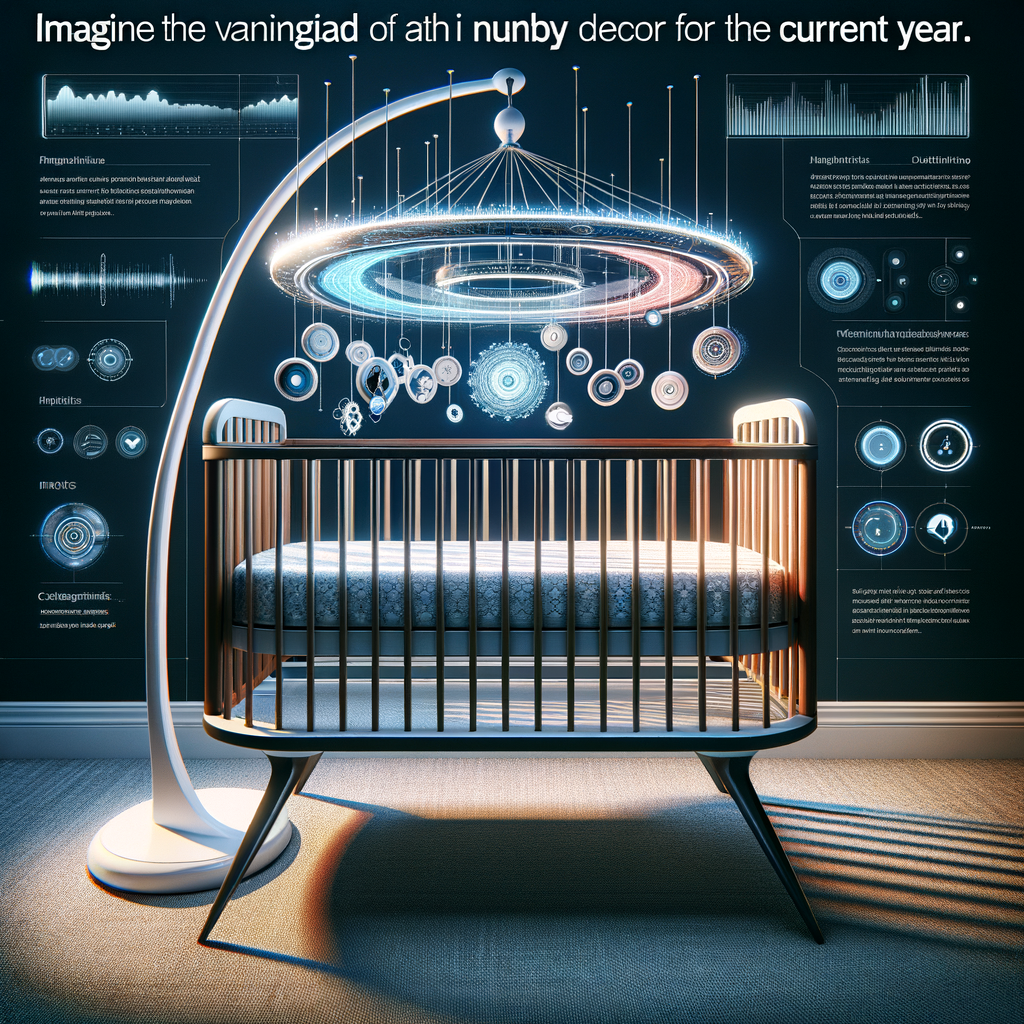 Modern, high-tech interactive crib mobile over a stylish crib, showcasing the 2022 nursery trends and new wave of interactive baby toys.