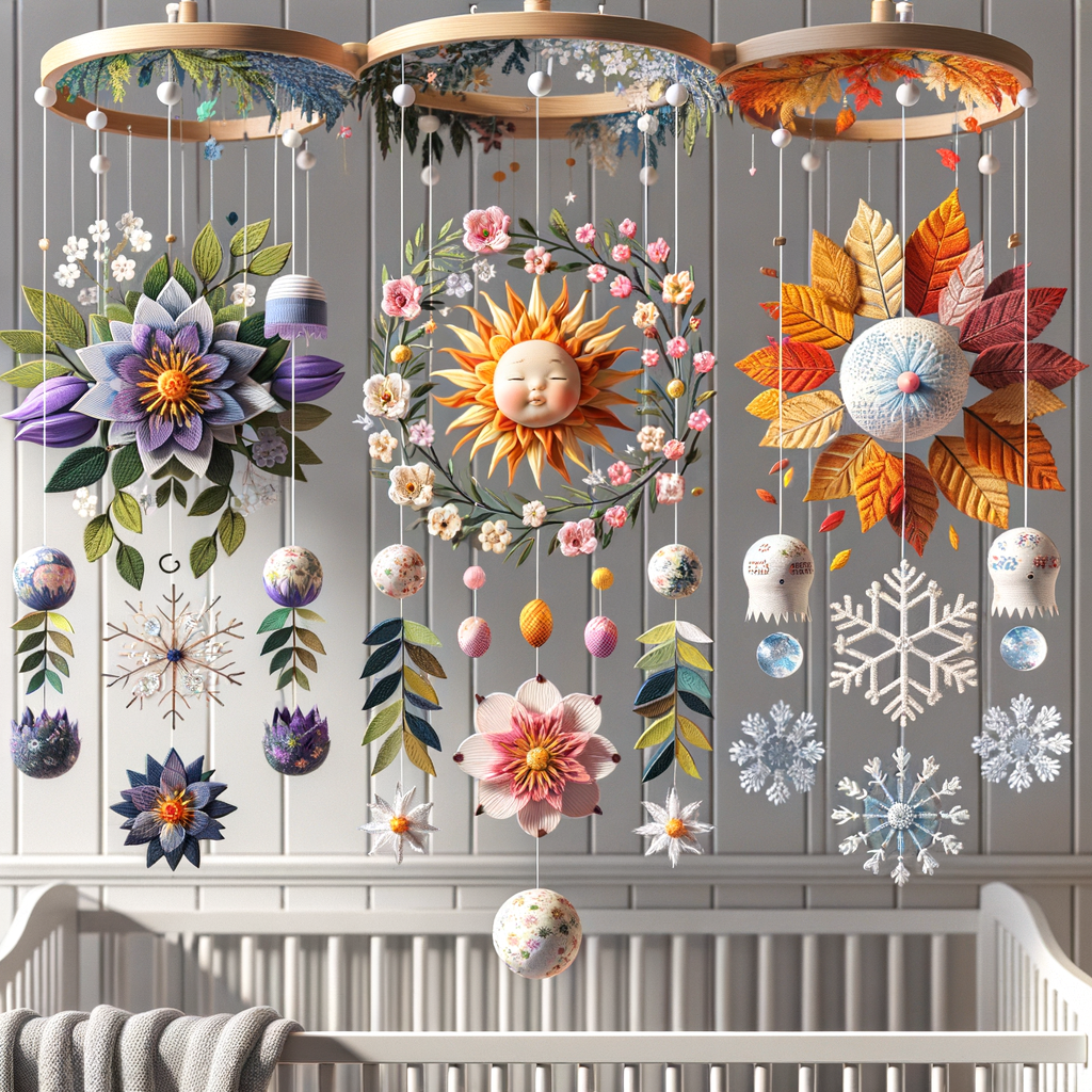 Seasonal crib mobiles for babies in a nursery, each representing a different season, perfect for changing crib mobiles and providing seasonal nursery decor and baby room seasonal themes.