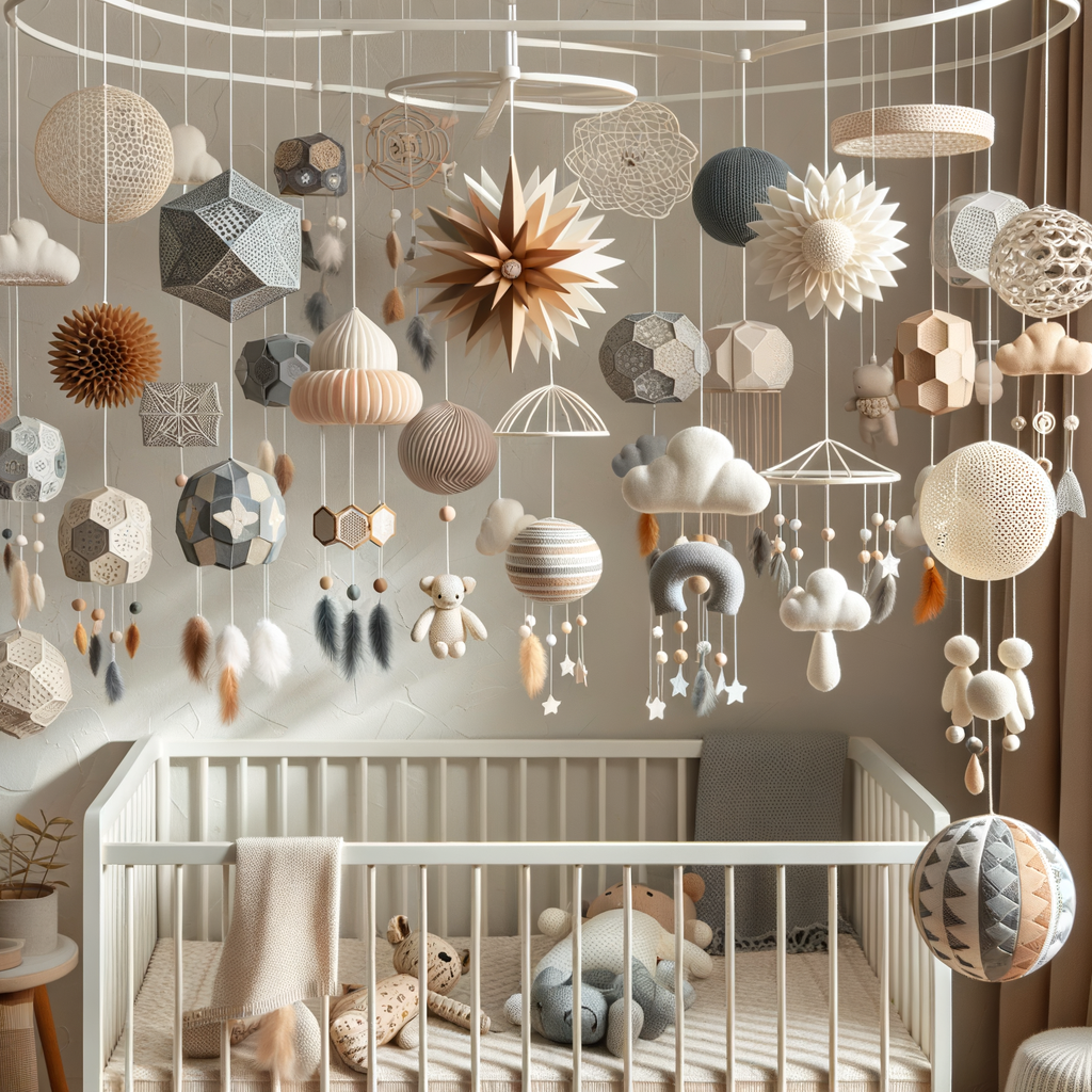 Variety of gender-neutral crib mobiles in different styles and colors, perfect for unisex baby room decoration and gender-neutral nursery decor, serving as ideal baby crib accessories and gender-neutral baby gifts.