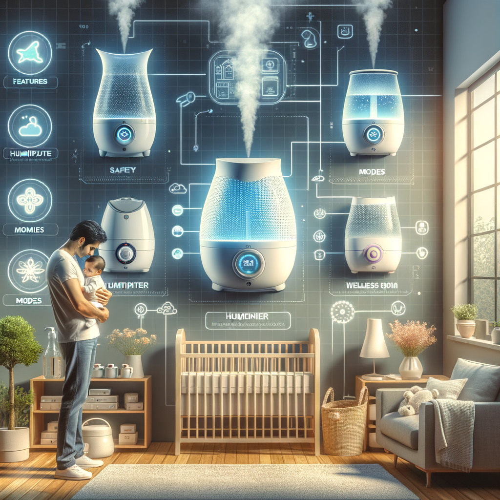 Parent choosing the best humidifier for baby's room from a professional display of top-rated, safe humidifiers for nursery, showcasing their health benefits and optimal baby room humidity control.
