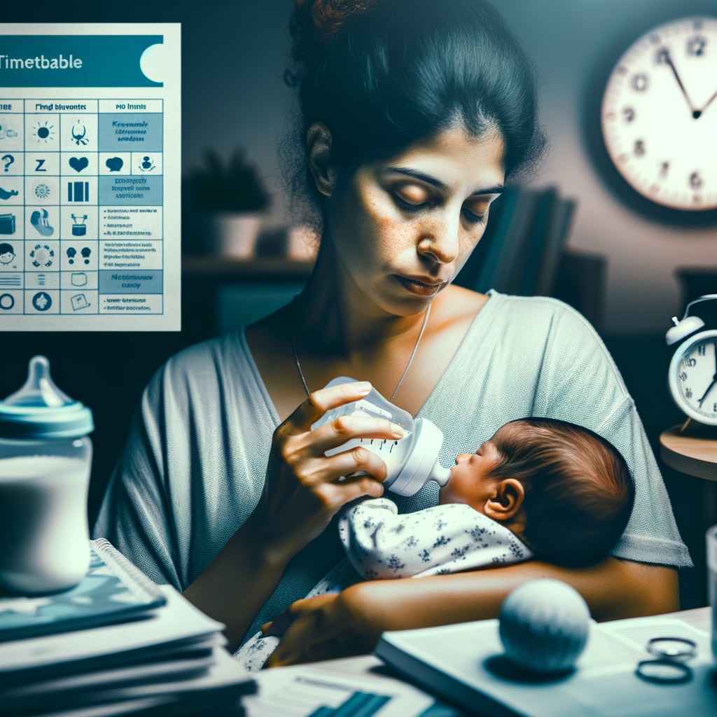 First-time mom navigating night feeds with determination in a dimly lit room, using a baby feeding schedule and a guide for new moms, symbolizing the challenges and tips of newborn night feeds.