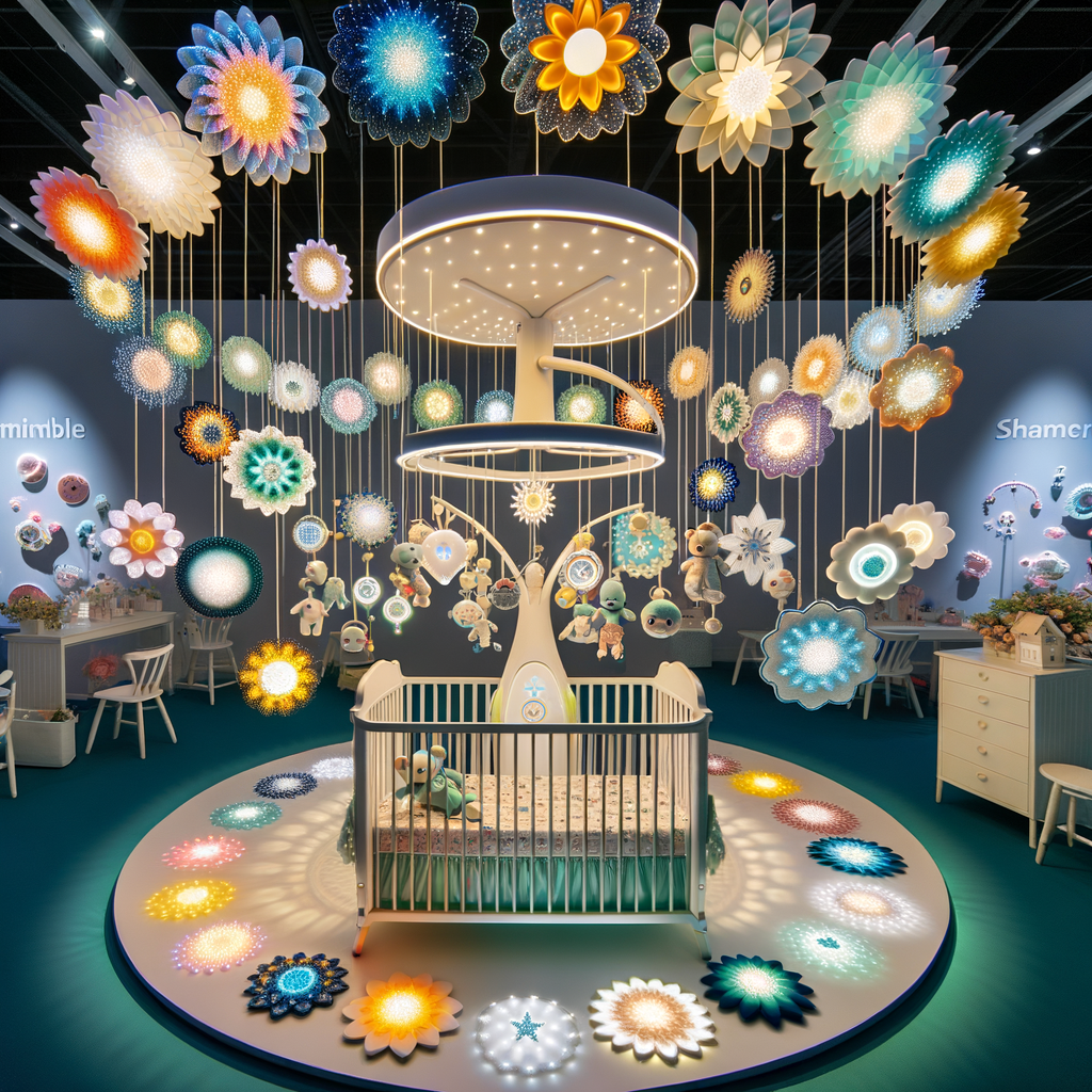 Assortment of the best light-up crib mobiles in various designs and colors, serving as effective baby sleep aids and essential nursery items for night time.