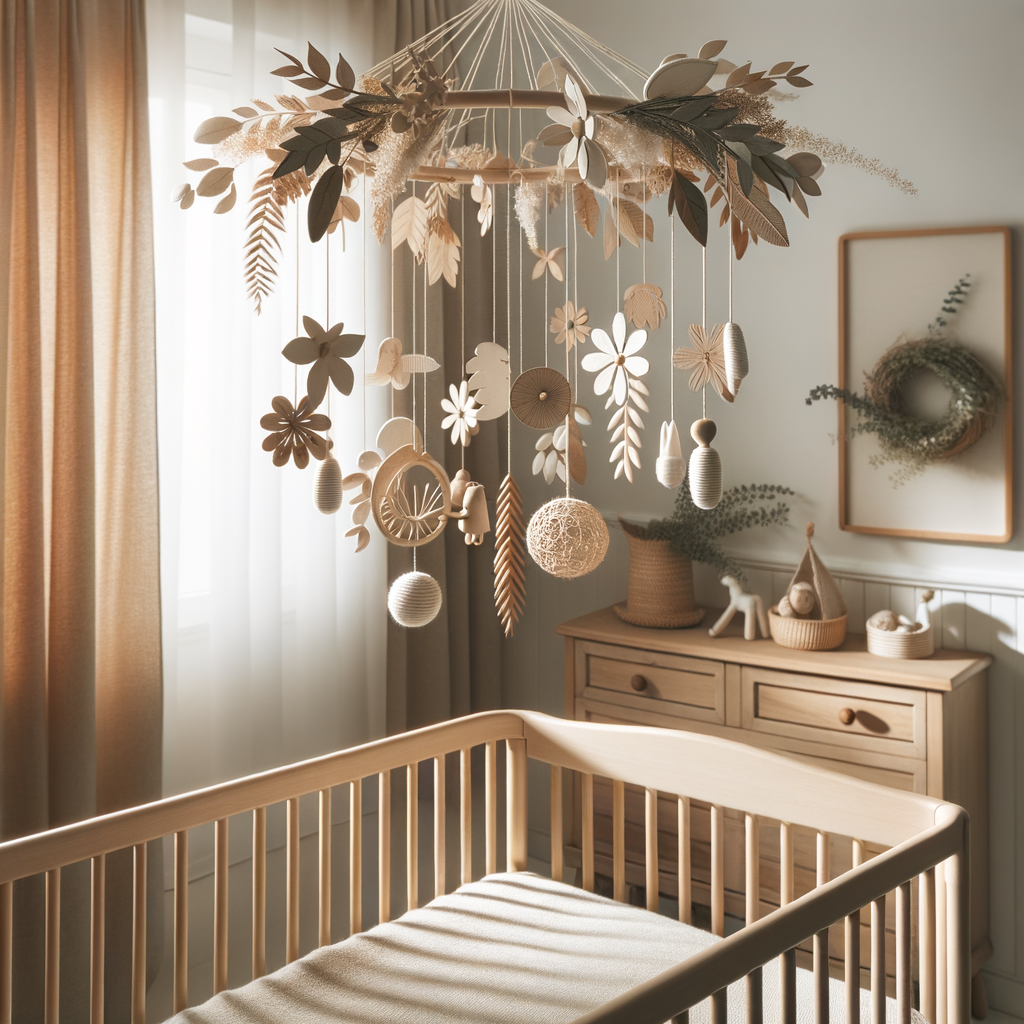 Nature-inspired crib mobile made from organic materials, enhancing serene nursery decor for a tranquil baby sleep environment.