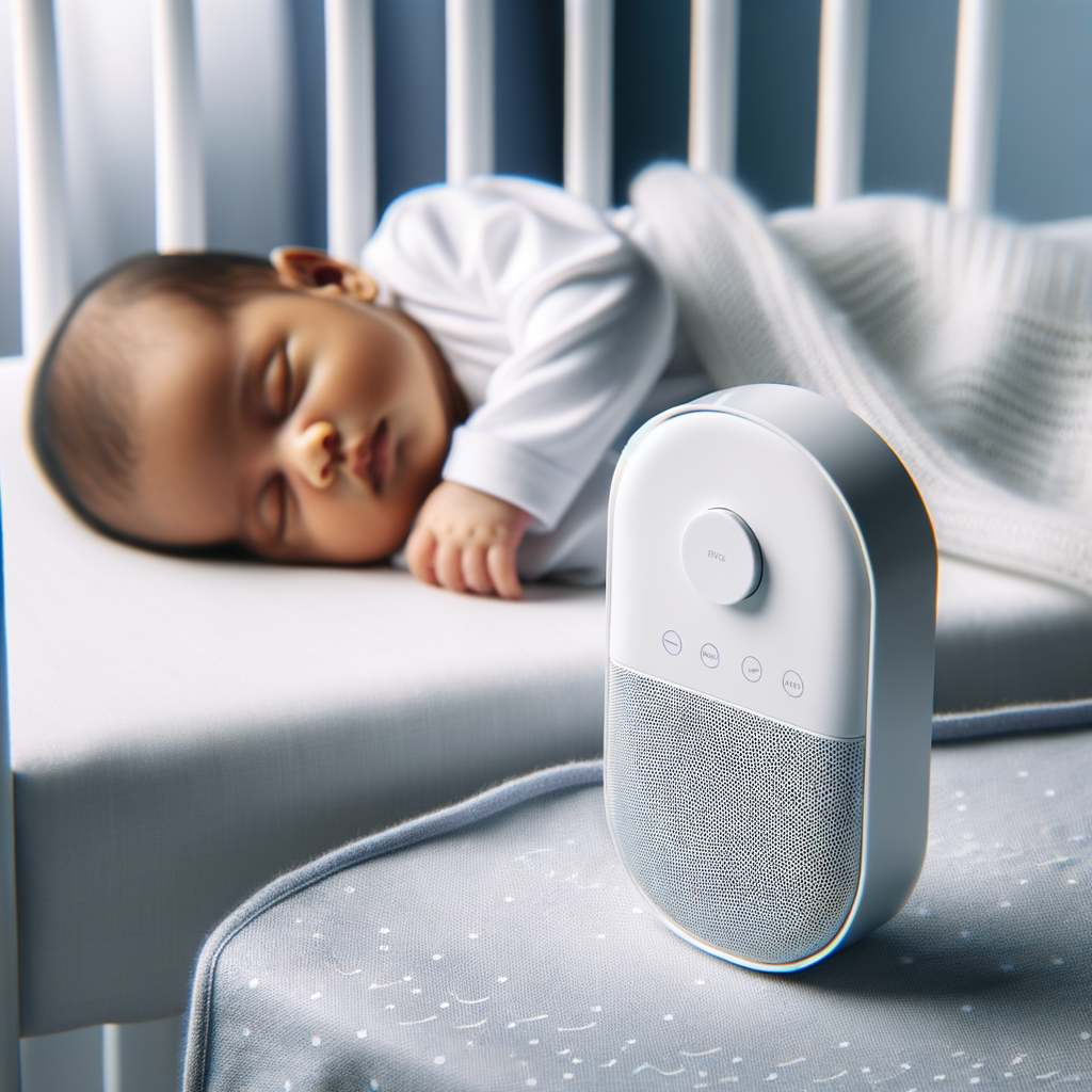Newborn baby peacefully sleeping in a crib with a white noise machine, demonstrating the benefits of white noise for babies' sleep patterns and sleep training techniques.