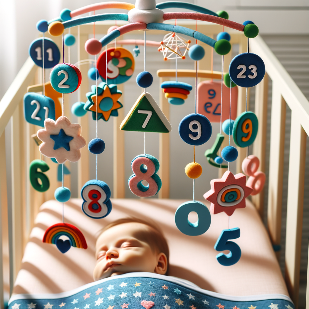Colorful educational crib mobile with numbers, letters, and shapes as an early education tool for infant education and baby brain development.