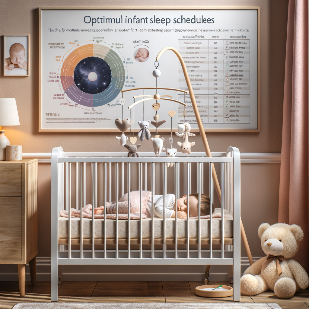 Baby peacefully sleeping under a beautifully designed crib mobile, a proven baby sleep aid, in a nursery decorated with sleep training charts highlighting infant sleep patterns and techniques.