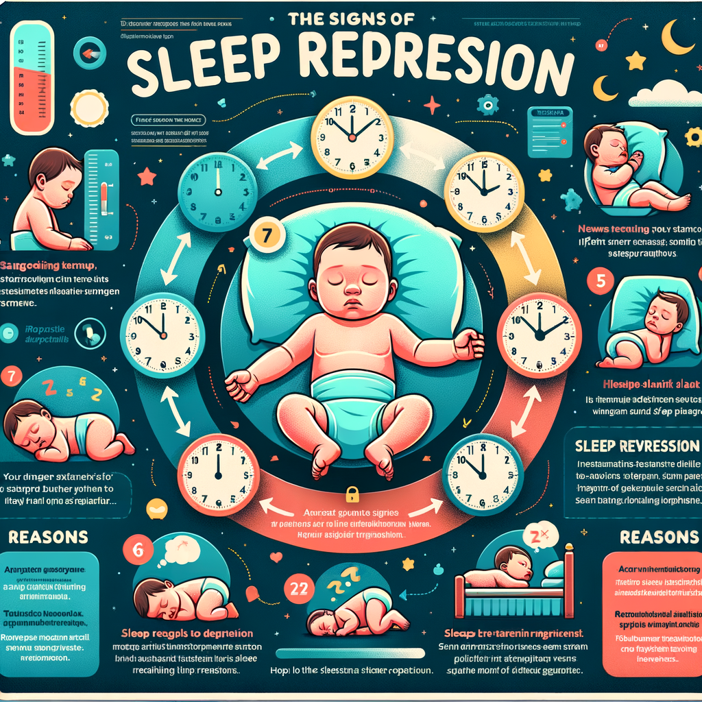 Infographic explaining infant sleep regression, baby sleep patterns, causes and signs of sleep regression in babies, sleep training methods for infants, and tips for managing sleep regression.