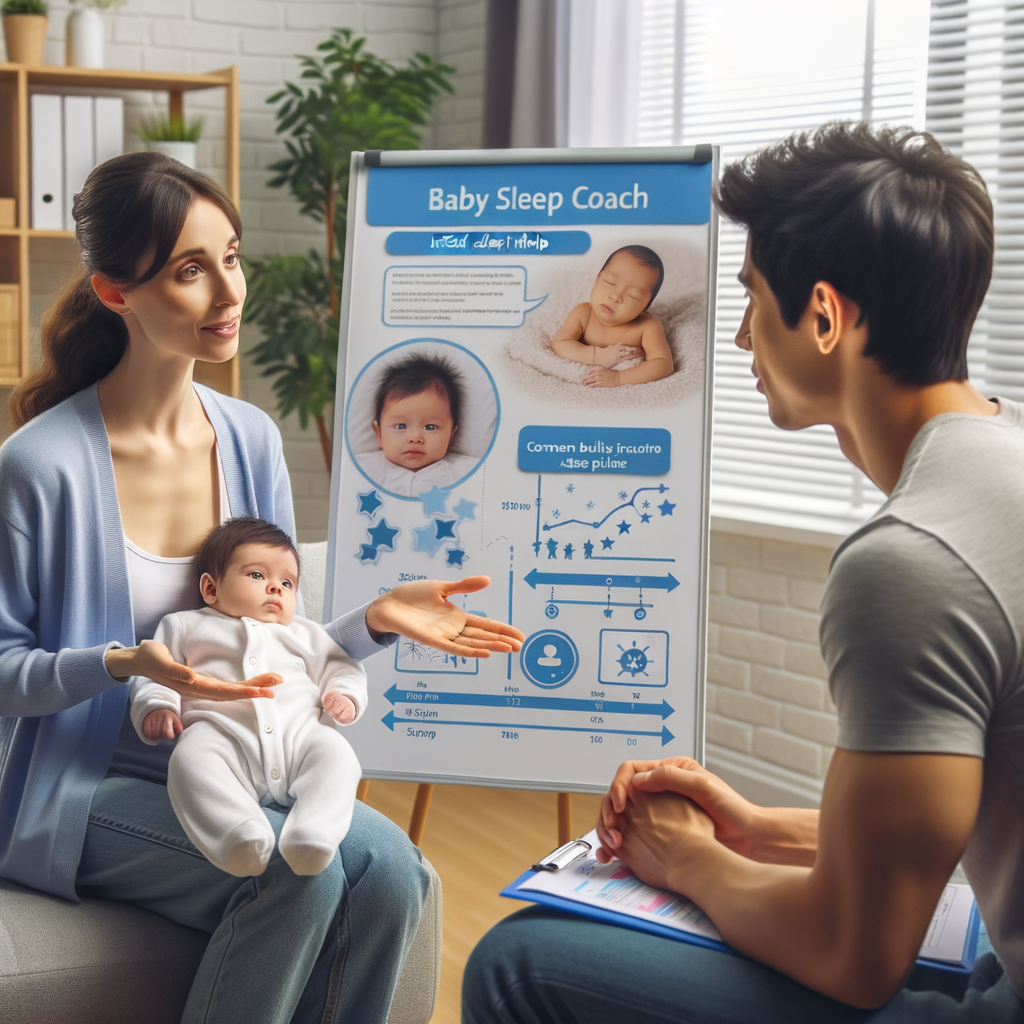 Certified baby sleep coach providing professional baby sleep help and demonstrating infant sleep training techniques to a parent, with a chart of baby sleep patterns and a newborn sleep schedule in the background, for an article on sleep coaching methods and the benefits of hiring a baby sleep coach.