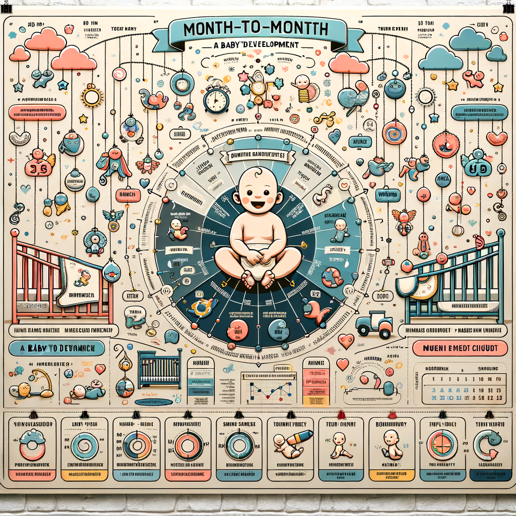 Infographic of first year baby guide highlighting month-by-month baby development and milestones, adorned with baby crib mobiles and newborn crib accessories representing each month's progress.